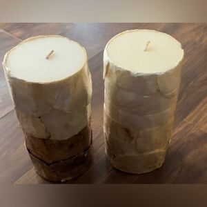 Vintage Set 2 Beige Brown Cream Round Unscented Pillar Candles Shell Exterior